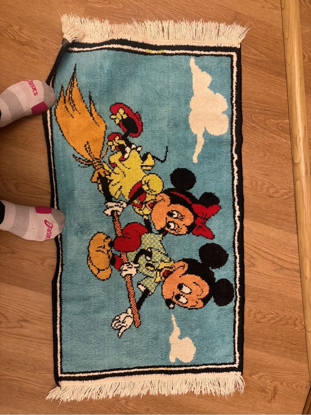 Vintage Disney Mickey & Minnie Blue Hooked Rug with Red, Yellow and Black Accent